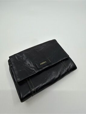 Fossil Ellis Buffalo Leather Trifold Wallet NWT Black RFID SL7103001